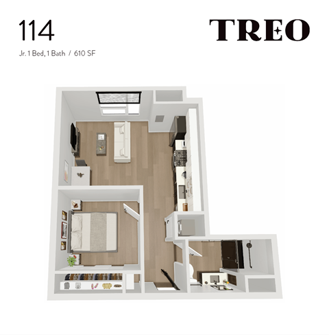 Floor plan for 1 bed, 1 bath, 565 sqft